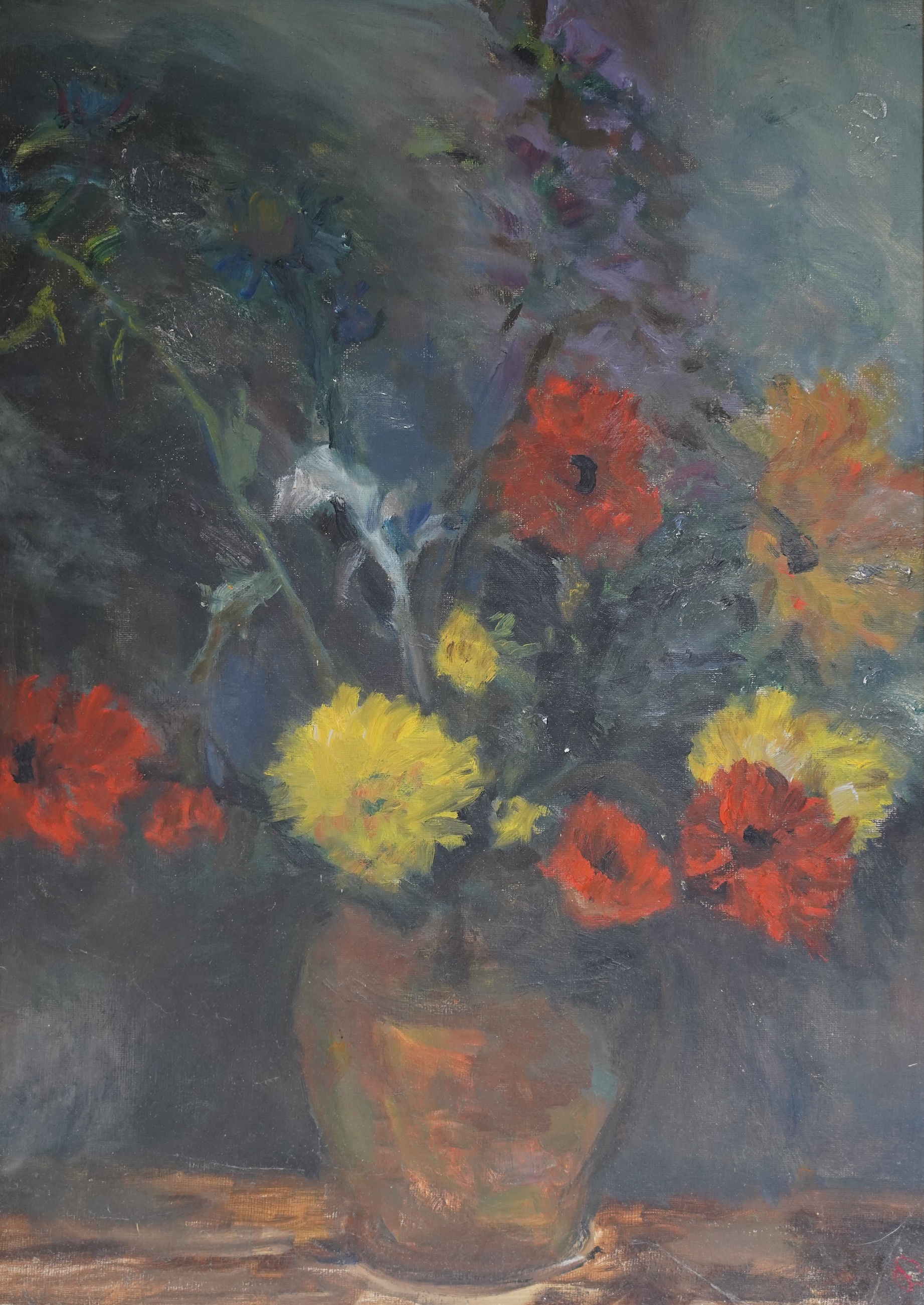 Modern British, oil on board, Still life of flowers in a vase, unsigned, 49 x 35cm